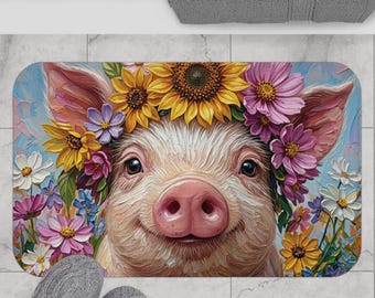 Floral Pig Soft Bath Mat | Farm Animal Bathroom Rug | Colorful Cottagecore Decor