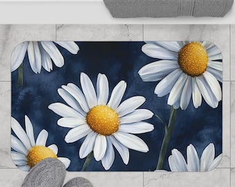 Daisy Microfiber Bath Mat | Navy Blue Floral Cottagecore Soft Bathroom Rug