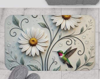 Daisy Hummingbird Bath Mat | Botanical Floral Microfiber Memory Foam Rug