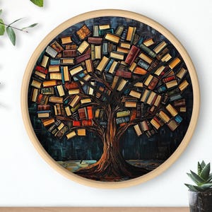 May include: A round wall clock with a wooden frame features a colorful painting of a tree with books as leaves. The clock face is hidden behind the tree.