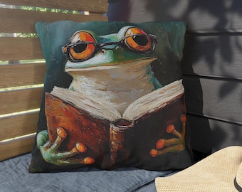 Almohada de interior/exterior con diseño de rana amante de los libros (inserto y funda) / Rana lectora caprichosa / Decoración para patio de biblioteca