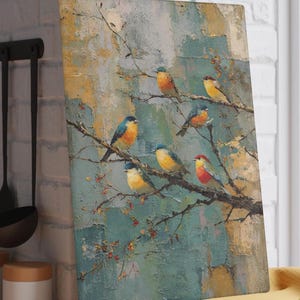 Glass Cutting Board - Birds in Tree, Artistic Kitchen Decor, Rustic Housewarming Present, Bird Lover Gift, Nature Lover Charcuterie Board