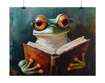 Reading Frog Art Poster | Whimsical Frog With Glasses Wall Print | 9 Sizes & 2 Finishes
