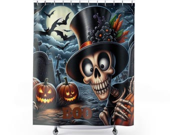 Halloween Skeleton Shower Curtain | Haunted Graveyard Boo Bathroom Decor | Spooky Pumpkin Decor