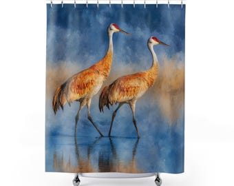 Cortina de ducha con grullas canadienses: elegante decoración de baño con motivos de fauna silvestre.