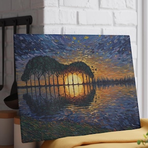 May include: A rectangular canvas print featuring a landscape painting. The artwork depicts a sunset over a lake, with trees silhouetted against the sun. The sky is a mix of blues, oranges, and yellows, with a reflection in the water.