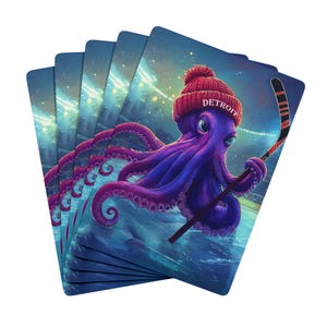 Naipes de hockey de Detroit, diseño original de pulpo, regalo para fanáticos de los deportes, decoración de alas, deportes de Detroit, guarida deportiva, juegos de cartas
