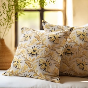 Golden Bumblebee Botanical Faux Suede Pillow Cover | Nature-Inspired Bee Accent Pillow | Cozy Cottagecore