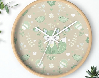 Orologio da parete a forma di volpe del bosco / Decorazione con animali della foresta beige e verde salvia / Cameretta dei bambini