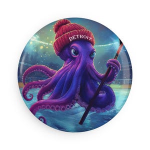 Detroit Hockey 2.25&quot; Button Magnet, Detroit Sports Fan Gift, Wings Hockey Decor, Detroit Wings Fridge Magnet, Octopus Design Kitchen Decor