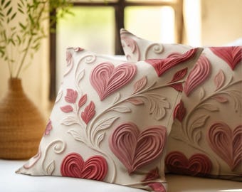 May include: Two decorative throw pillows with a cream-colored background and a raised heart and floral design in shades of red. The pillows are placed on a white surface, with a vase and greenery in the background.