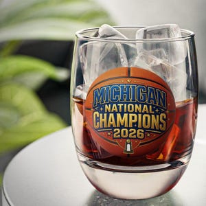 Michigan Basketball Champions 2026 Whiskey Glass | 6oz Rocks Glass, Sports Fan Gift