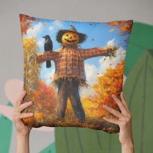 Indoor/Outdoor Pillow - Fall Scarecrow, Autumn Pumpkin Decor, Harvest Crow/Scarecrow/Pumpkin, Fall Porch Throw Pillow, Thanksgiving Accent