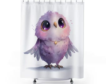 Rideau de douche hibou violet fantaisiste | Décoration de salle de bain oiseau grand oeil | Art animalier pastel ludique