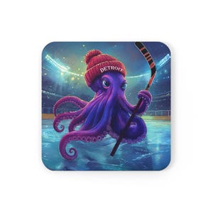 Detroit Hockey Cork Back Coaster, Octopus Design - Square or Round - Detroit Sports Fan Gift - Hockey Fan - Detroit Wings - Game Room