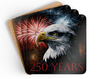 Patriotic Eagle Coaster Set | 4pc Cork Back Coasters | USA Fireworks Decor | 250 Years Celebration