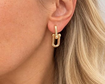 Small Gold Paperclip Earrings, U-Shape Link Design, Modern Minimalist Jewelry