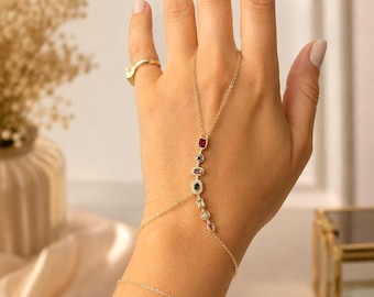 Pulsera de mano con cadena de piedras preciosas de colores, pulsera esclava dorada ajustable, joyería de mano inspirada en esmeraldas, rubíes y zafiros, regalo para ella.