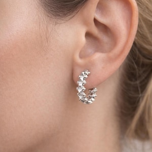 925 Silver Studded Small Huggie Minimalist Hoop Earrings, Edgy Spike Hoops, Gift for Her