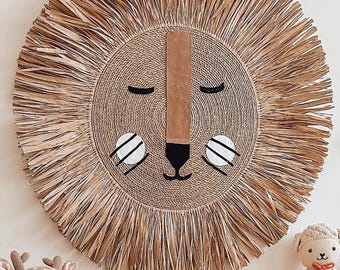 Arte de pared de rafia con león/Colgante de pared con cara de león/Decoración de pared de guardería de safari/Cabeza de león de rafia para sala de juegos/Cara de león bohemia para guardería/Decoración de guardería