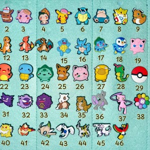 May include: A collection of colorful cartoon character charms, including Pikachu, Squirtle, and Charmander. These decorative charms are designed for shoes and accessories, offering a fun way to personalize items.