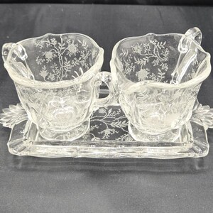 Vintage, Fostoria Chintz, Pressed Clear Glass Creamer & Sugar with Tray - Floral / Flowers and Vine Etching, Fluted Edges, Ornate Handles