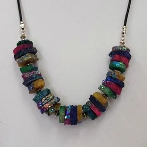 Sparkly Necklace with Green, Pink, Yellow, & Purple Solar Quartz Slices with Partial Titanium Coating, Sterling Silver, and Leather Cord image 2