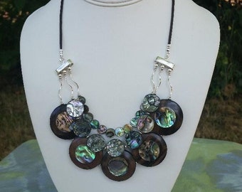 Gorgeous, Vibrant, and One of a Kind Mermaid / Ocean Necklace with Abalone, Wood Inlaid with Abalone, Leather Cord, & Sterling Silver
