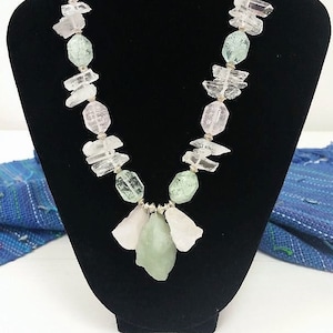 Rose / Pink Quartz, Green Quartz, & Raw / Clear Quartz Spring Statement Necklace with Sterling Silver Beads, Chain, and Findings
