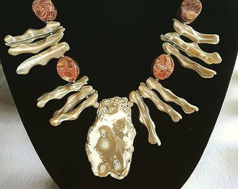 Long Statement Necklace with Tiger Coral Pendant, Sponge Coral, Natural Mother of Pearl, Sterling Silver Beads and Findings, & Silk Chain