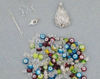 OOAK 140+ Pc Designer Semiprecious Bead Mix / Kit, 6 - 40mm, Clear, Green, Blue, & Red Glass, Silver Roses, Quartz Pendant - Ready to String