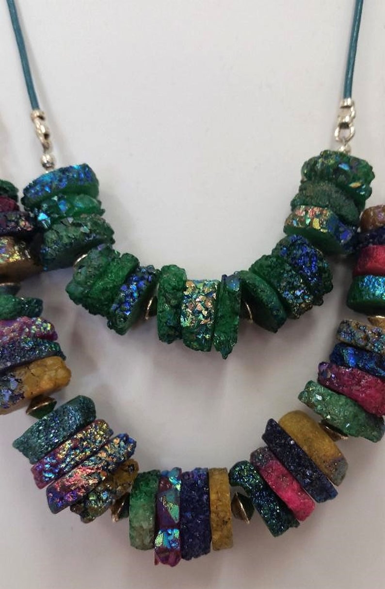 Sparkly Necklace with Green, Pink, Yellow, & Purple Solar Quartz Slices with Partial Titanium Coating, Sterling Silver, and Leather Cord image 5