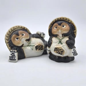 Pair of Vintage, Japanese / Japan Shigaraki Ware Pottery Figurines - Tanuki / Racoon Dog Statue -Reclining & Standing - Good Luck! Fortune!