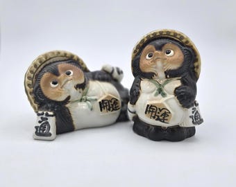 Good Luck! Pair of Vintage, Japanese / Japan Shigaraki Ware Pottery Figurines - Male & Female Couple Tanuki / Racoon Dog Statue WITH Bonus