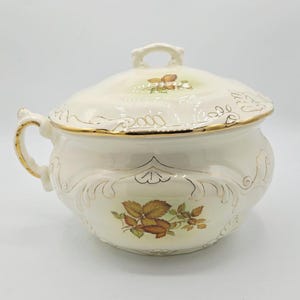 May include: A cream-colored ceramic chamber pot with a matching lid, featuring a gold-trimmed handle and rim. The body and lid are decorated with brown and green leaf motifs and embossed scrollwork patterns, finished with a glossy glaze.