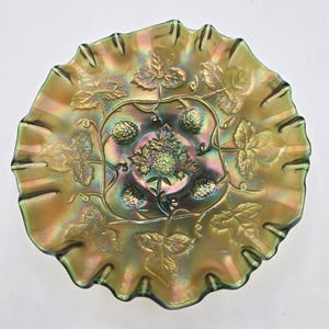 Mint, RARE, Vintage / Antique Millersburg Green Iridescent Carnival Glass Bowl, 3/1 Ruffled Edge, Blackberry Wreath Pattern, Satin Effect