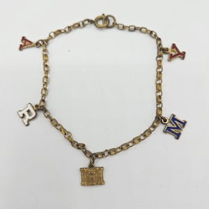 Vintage, WWII, US Army Corps of Engineers, Brass Charm Bracelet - Corps Castle Charm & Red, White, Blue A R M Y / ARMY - Sweetheart Jewelry