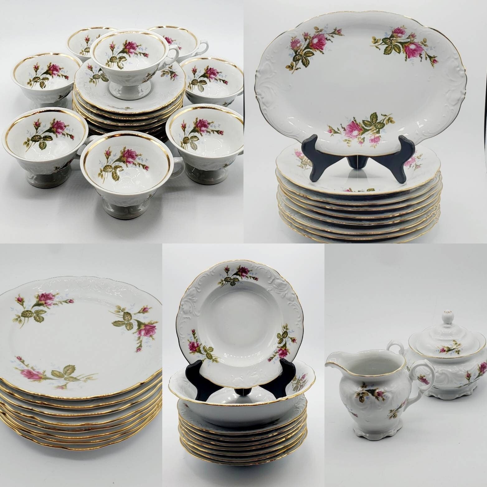 Vintage, Wawel China, Poland Pompadour Rose, Dark Pink Moss Roses 44  Pieces Plates, Cups, Saucers, Bowls, Platter, Creamer, Sugar