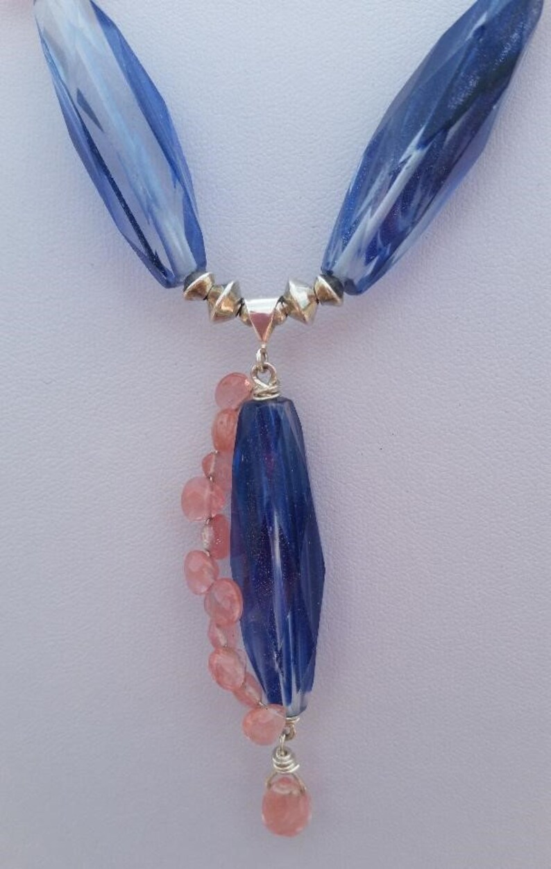 Sparkly Blueberry Quartz and Cherry Quartz Necklace with Wire Wrapped Pendant and Sterling Silver Beads Chain /& Findings Blue and Pink
