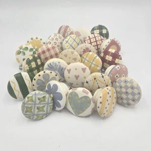 Vintage, 1990s, 26 Hand Painted 2" Flat Wood Knobs / Drawer Pulls - Folk Art Hearts, Flowers, Plaid, & More in Pink, Blue, Green, Burgundy