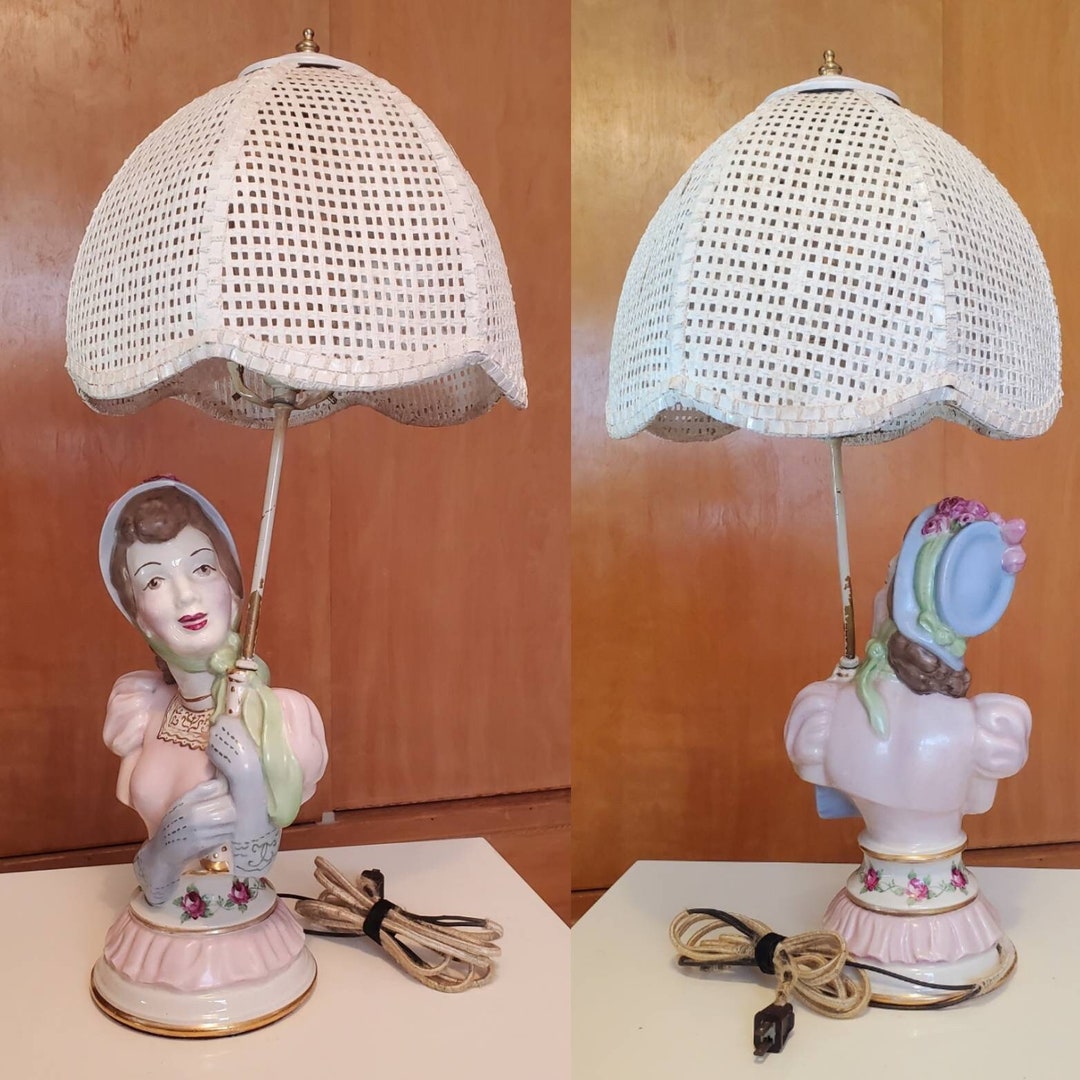 Large, Kitchy, Vintage, Hand Painted, 24 Tall, Victorian Lady Lamp With