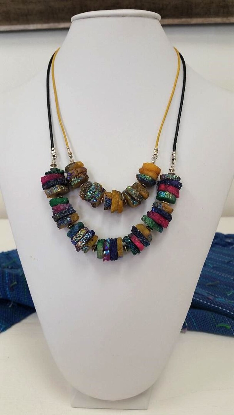and Matching Leather Cord Sterling Silver Choice of Necklaces with Green or Yellow Solar Quartz Slices with Partial Titanium Coating