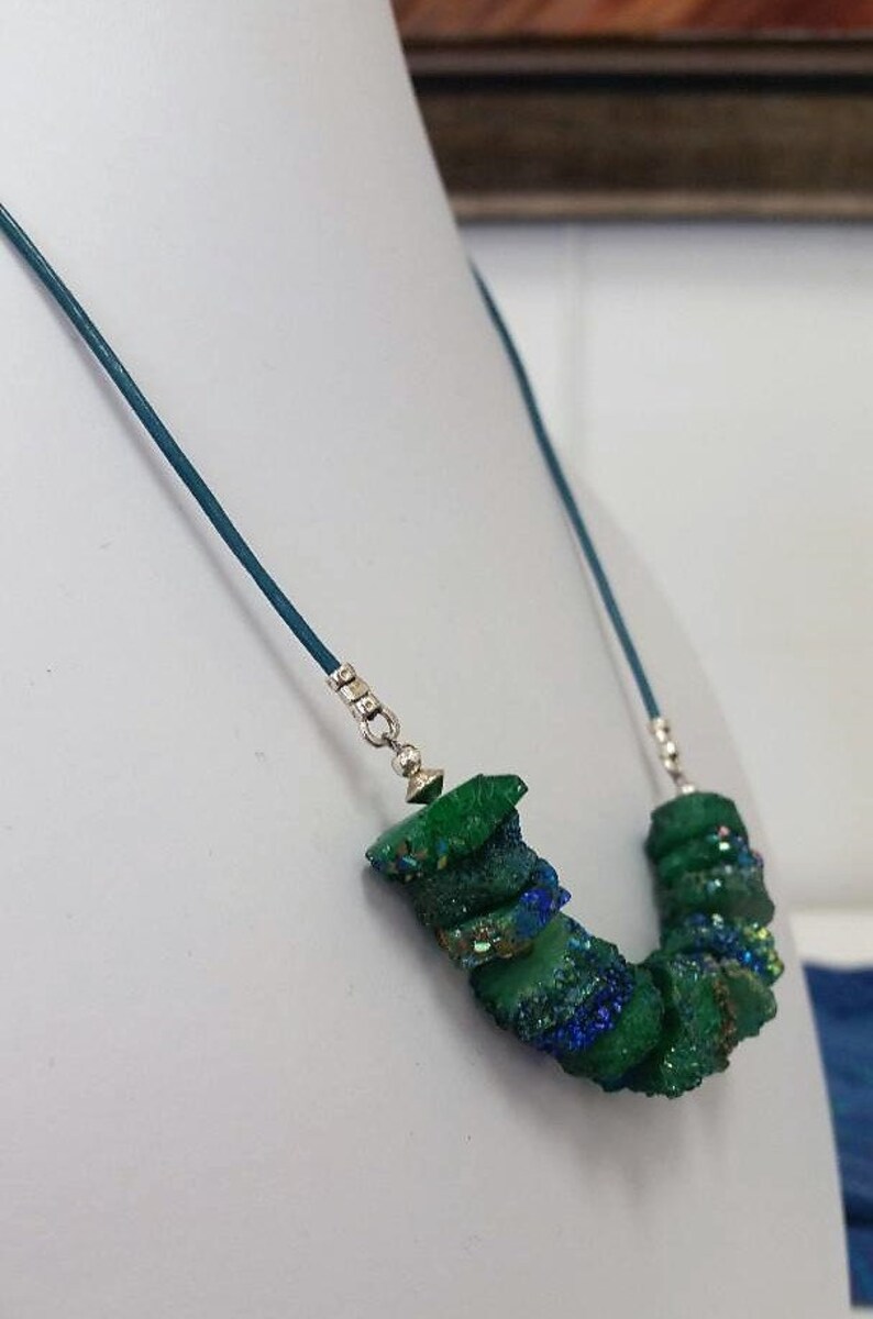 and Matching Leather Cord Sterling Silver Choice of Necklaces with Green or Yellow Solar Quartz Slices with Partial Titanium Coating