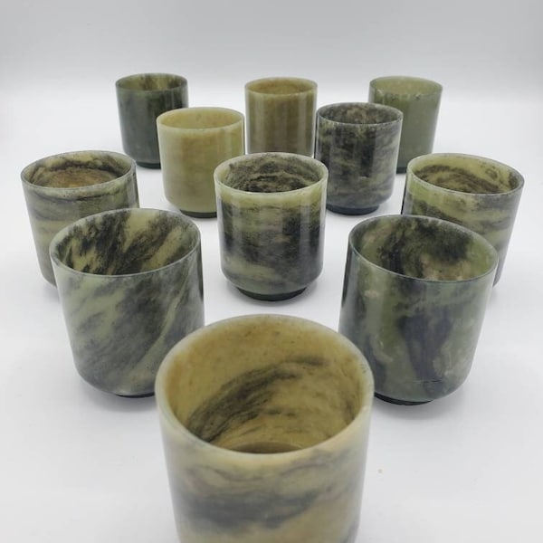 Vintage, Set of 11 / Eleven Hand Carved / Handcarved Green and Olive Nephrite Jade, Small, Sake / Saki Wine Cups