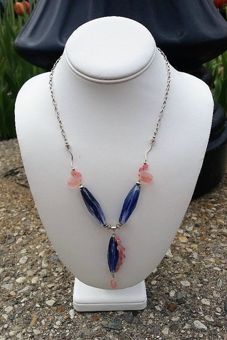 Sparkly Blueberry Quartz and Cherry Quartz Necklace with Wire Wrapped Pendant and Sterling Silver Beads Chain /& Findings Blue and Pink