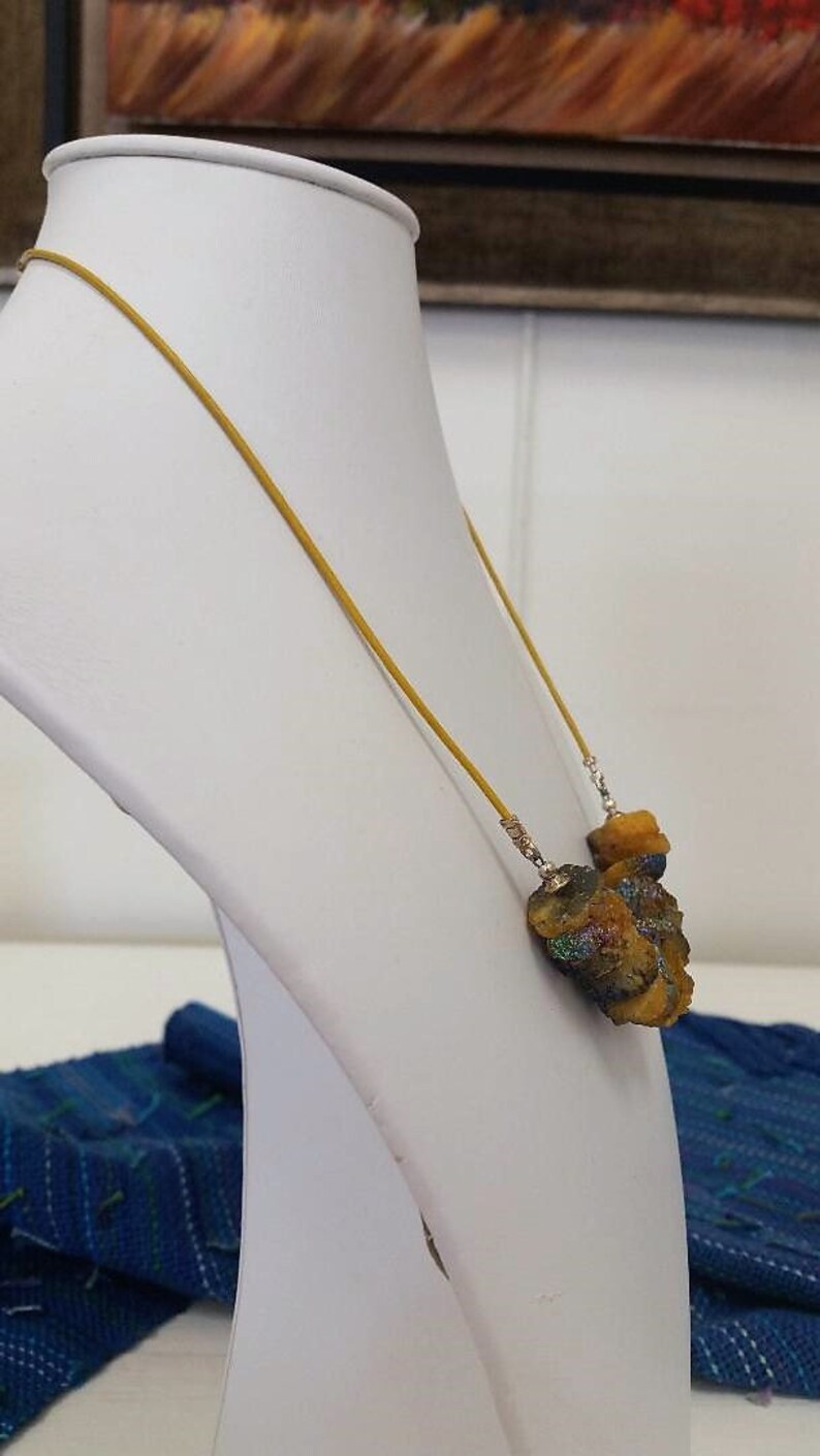 and Matching Leather Cord Sterling Silver Choice of Necklaces with Green or Yellow Solar Quartz Slices with Partial Titanium Coating