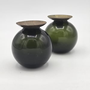 Vintage Mid Century Modern / MCM Olive Green Glass & Brass Candleholders / Lightballs, Gunnar Ander for Lindshammar - Sweden / Swedish