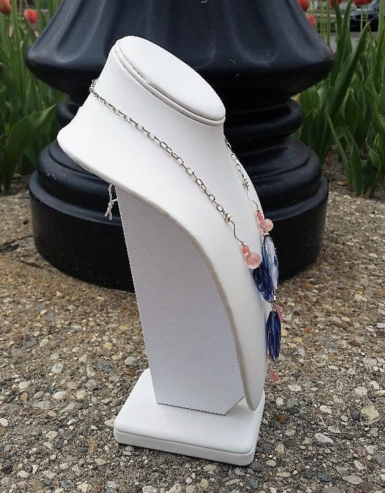 Sparkly Blueberry Quartz and Cherry Quartz Necklace with Wire Wrapped Pendant and Sterling Silver Beads Chain /& Findings Blue and Pink