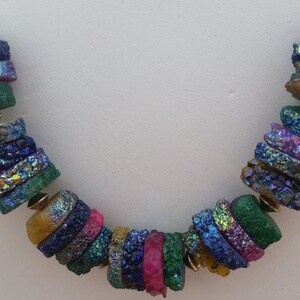 Sparkly Necklace with Green, Pink, Yellow, & Purple Solar Quartz Slices with Partial Titanium Coating, Sterling Silver, and Leather Cord image 3