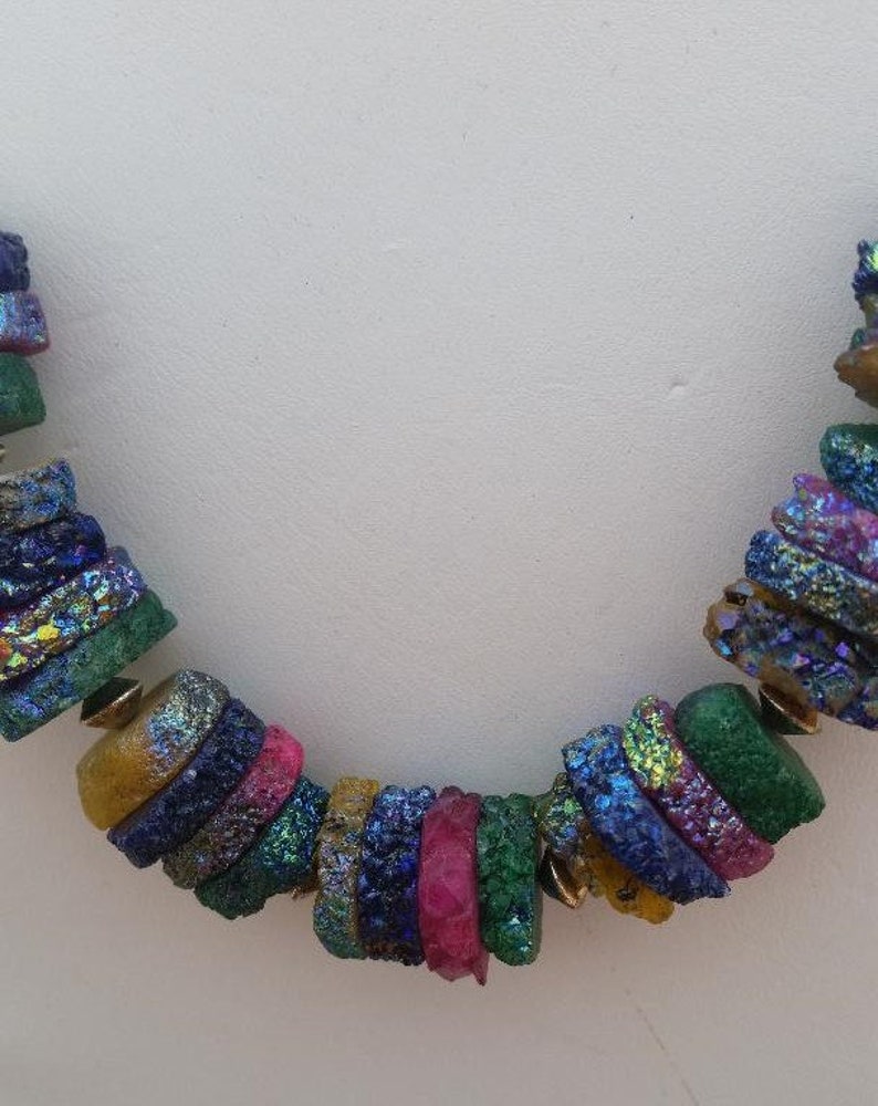 Sparkly Necklace with Green, Pink, Yellow, & Purple Solar Quartz Slices with Partial Titanium Coating, Sterling Silver, and Leather Cord image 3